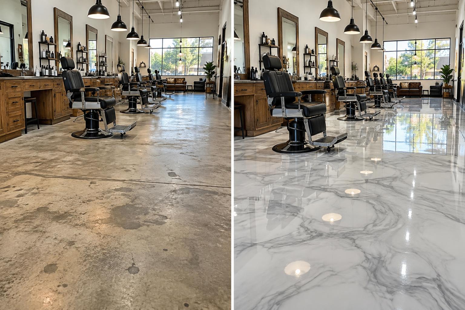 Before and after: worn barbershop concrete floor transformed into a spacious white and gray marble metallic epoxy floor