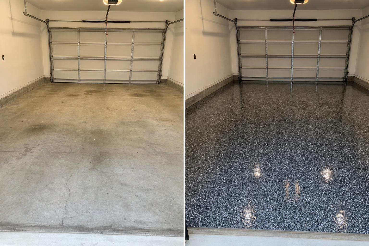 Before and after: stained concrete garage floor transformed into a glossy black epoxy floor