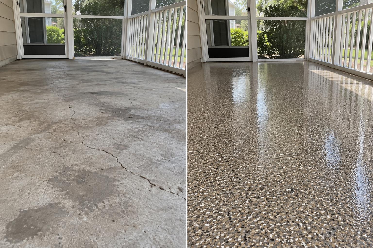 Before and after: cracked concrete screened-in patio transformed with a glossy flake epoxy coating
