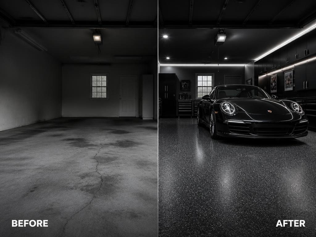 Residential Garage before and after epoxy floor transformation
